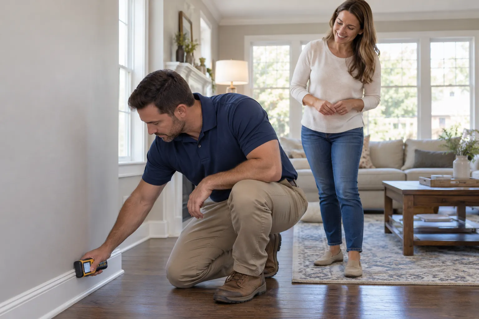 Mold inspector checking a damp wall with a moisture meter in a Sugar Hill home